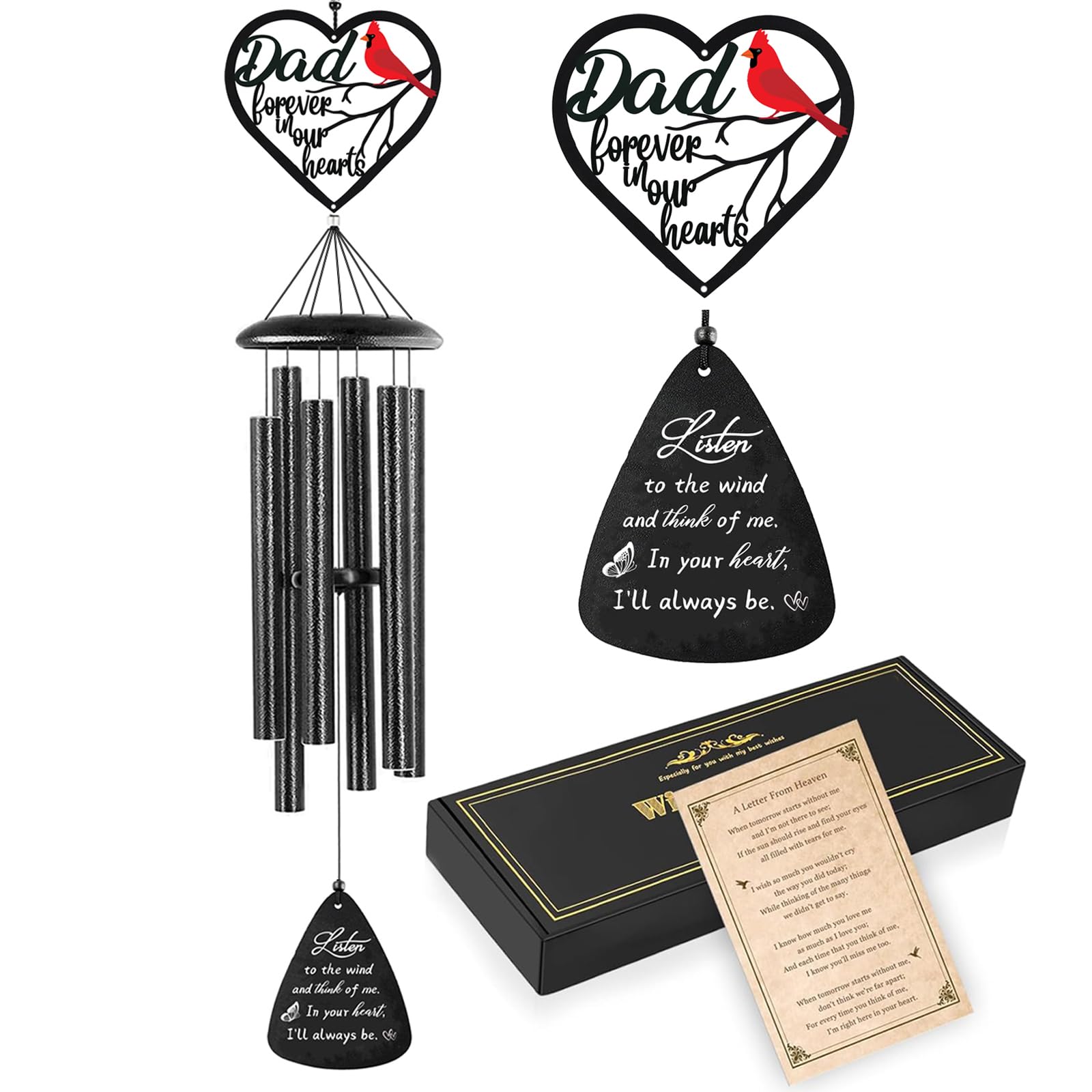 VENBEEL sympathy wind chime topper with heart and cardinal for remembrance.