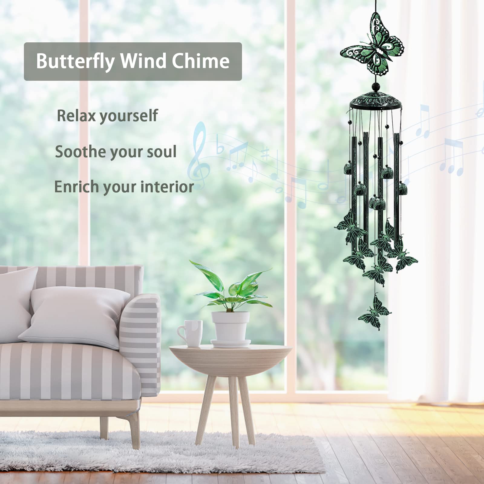VENBEEL wind chime closeup shows green butterflies and durable aluminum tubes.