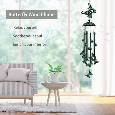 VENBEEL wind chime closeup shows green butterflies and durable aluminum tubes.