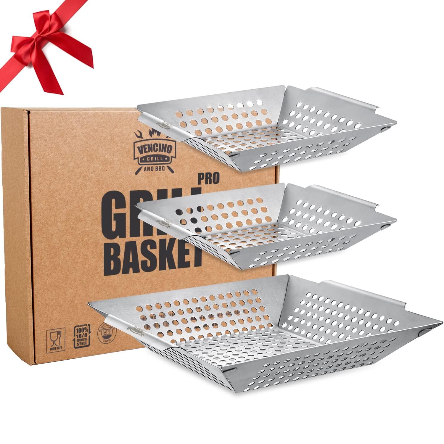 Vencino 3-pack grill baskets large on grill with raised edges for secure vegetables