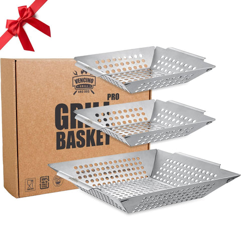Vencino 3-pack grill baskets large on grill with raised edges for secure vegetables