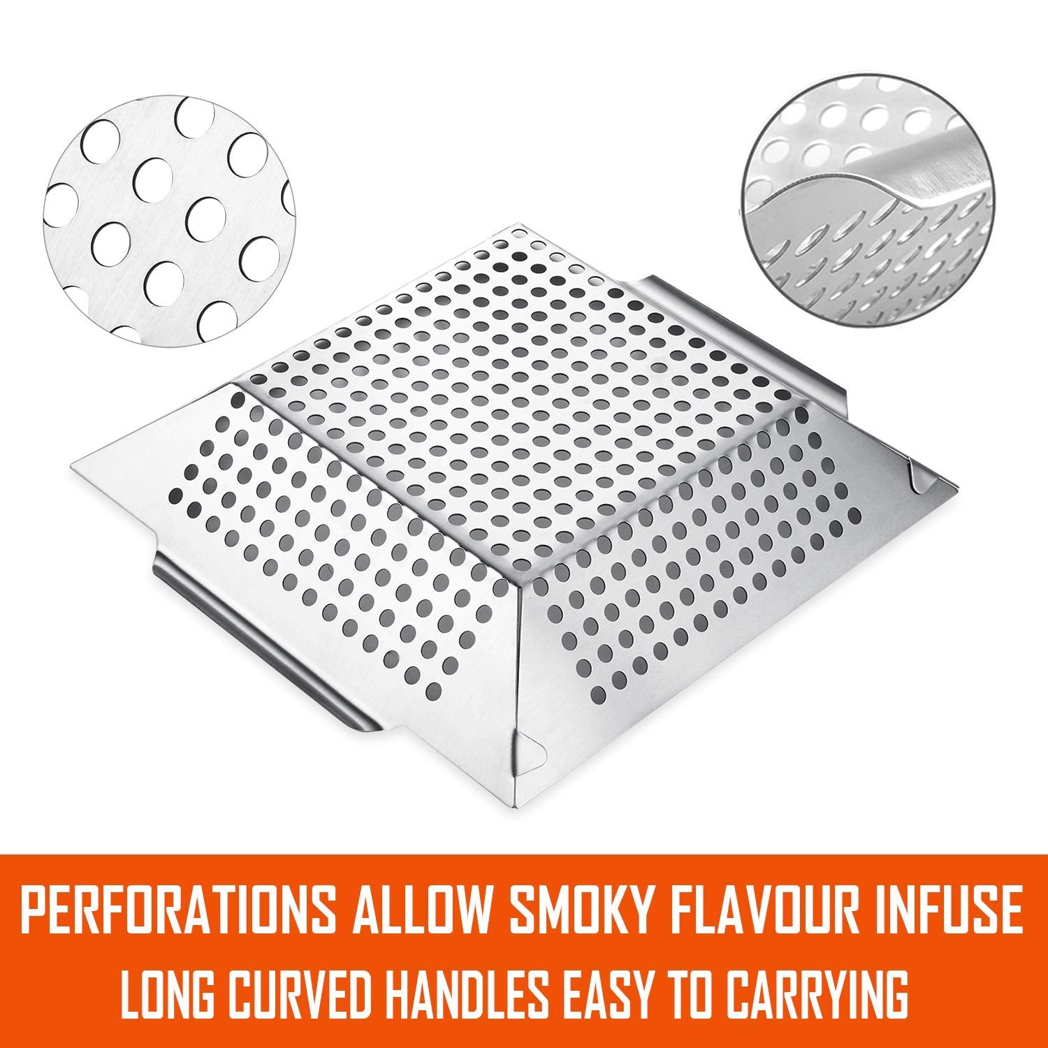 Vencino grill basket handle design for comfortable lifting and control