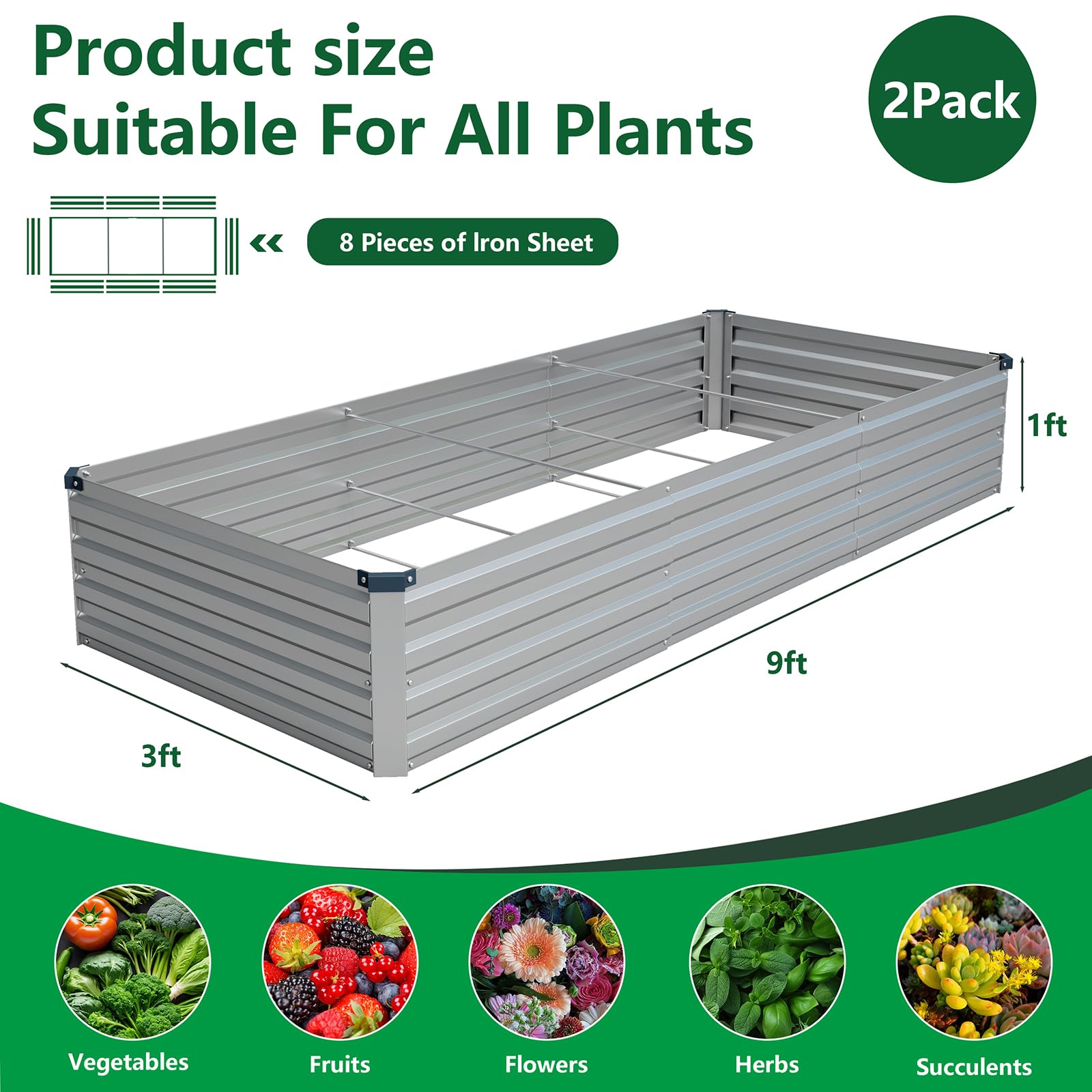 Vengarus 2-pack galvanized raised bed side view shows two modular planters for flexible layouts.