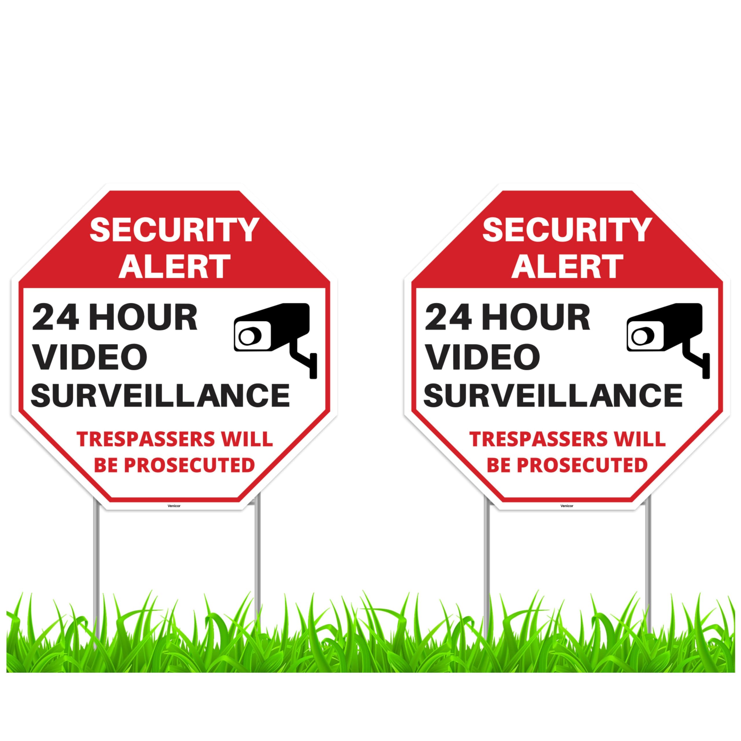 Venicor 24hr video surveillance sign with stake boosts property visibility.