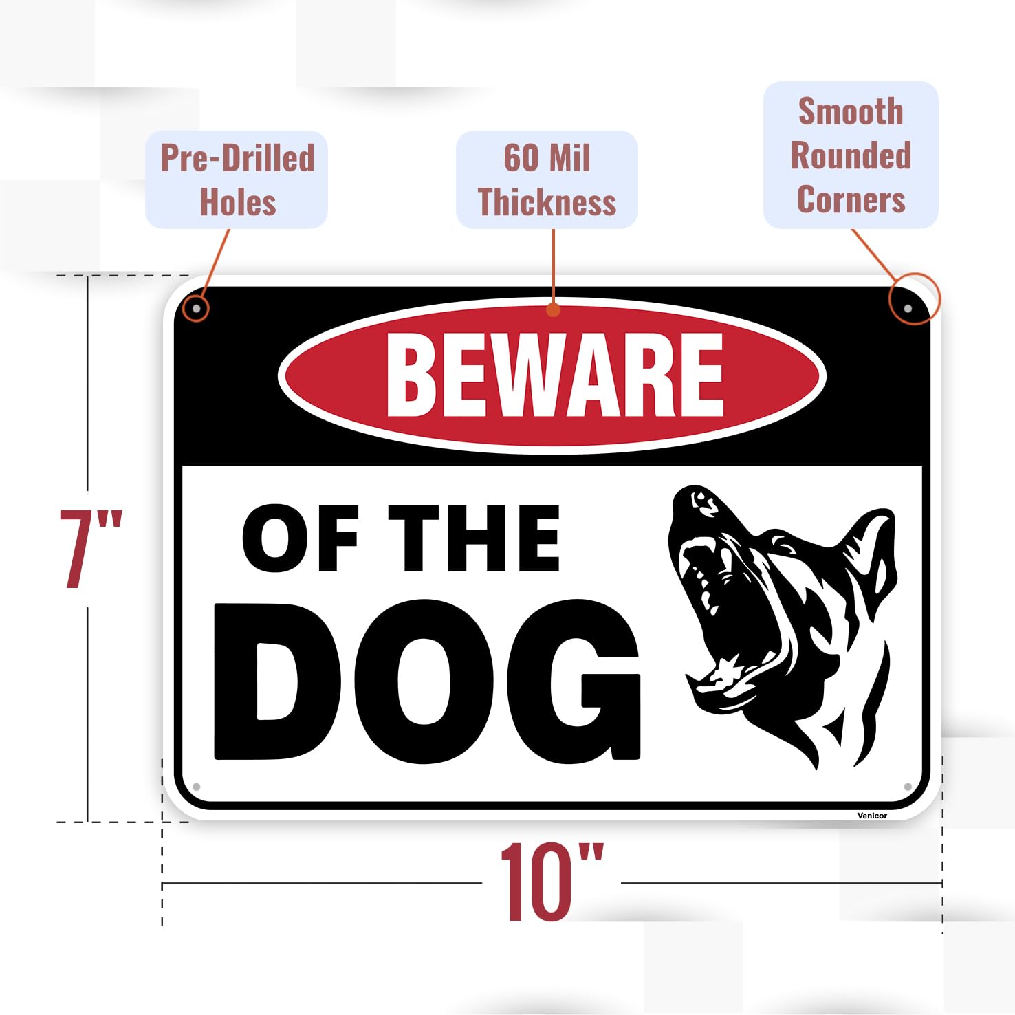 Venicor Beware of Dog sign for outdoor gates highlights safety with sturdy mounting.