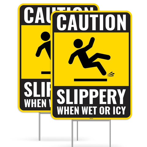 Venicor caution sign on icy surface with stake warns visitors of slippery conditions.