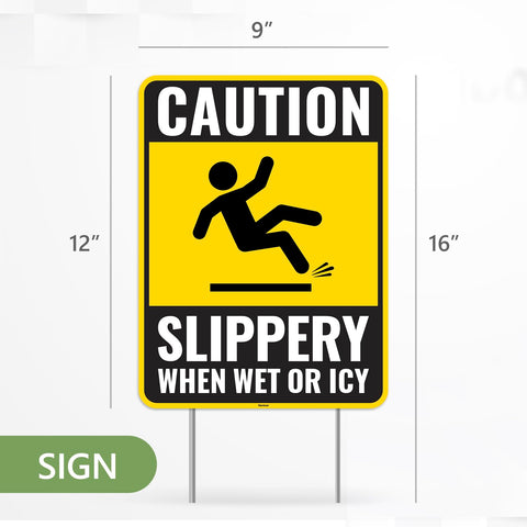 Venicor caution sign and metal stake setup enables quick outdoor display.
