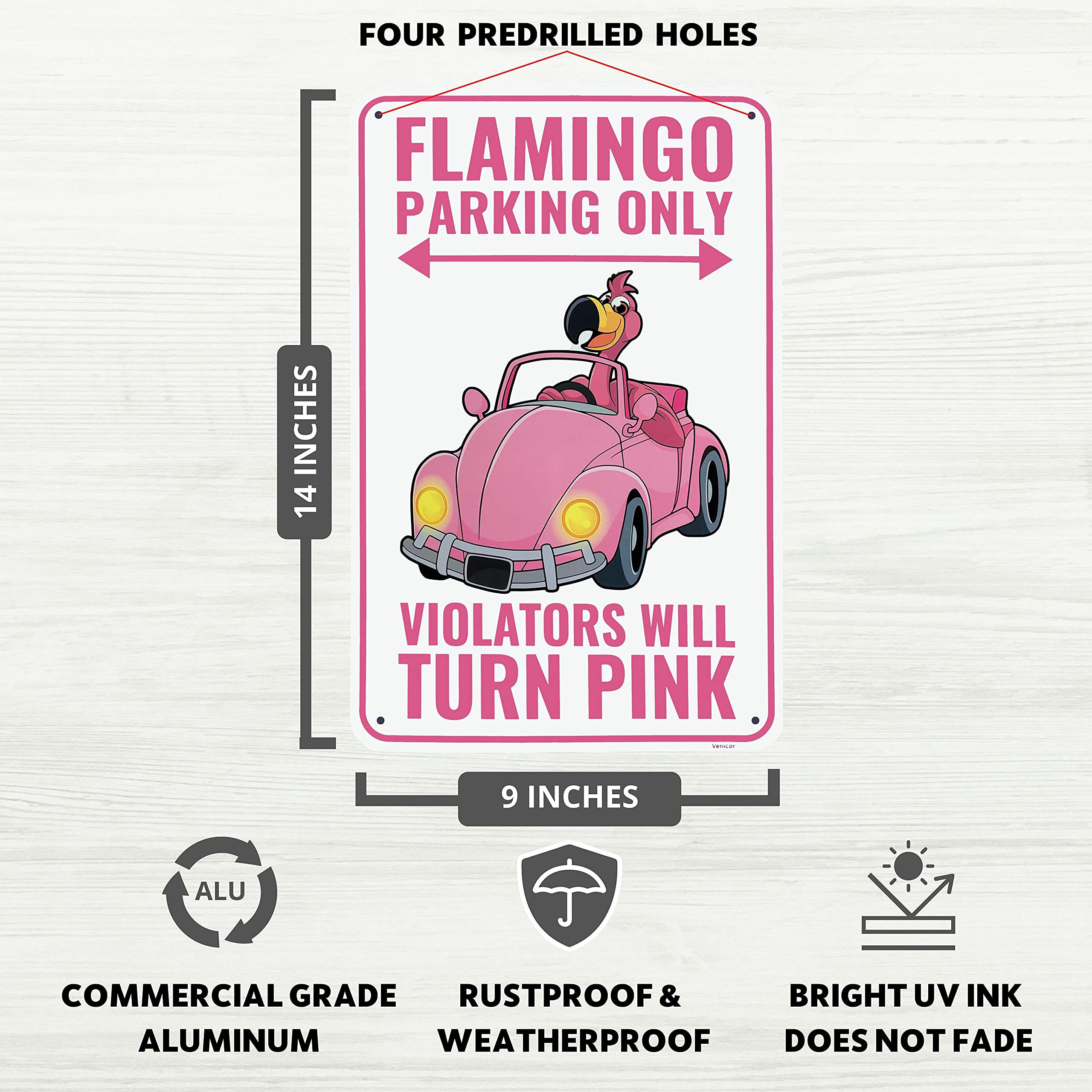 Venicor Flamingo Parking Sign mounted indoors as playful wall decor