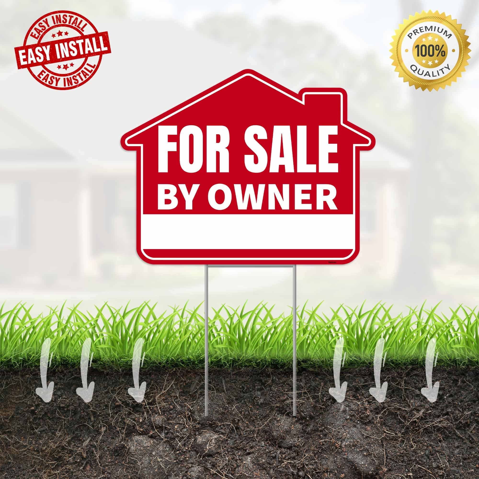 Venicor FSBO yard sign mounted on lawn shows clear visibility from street.