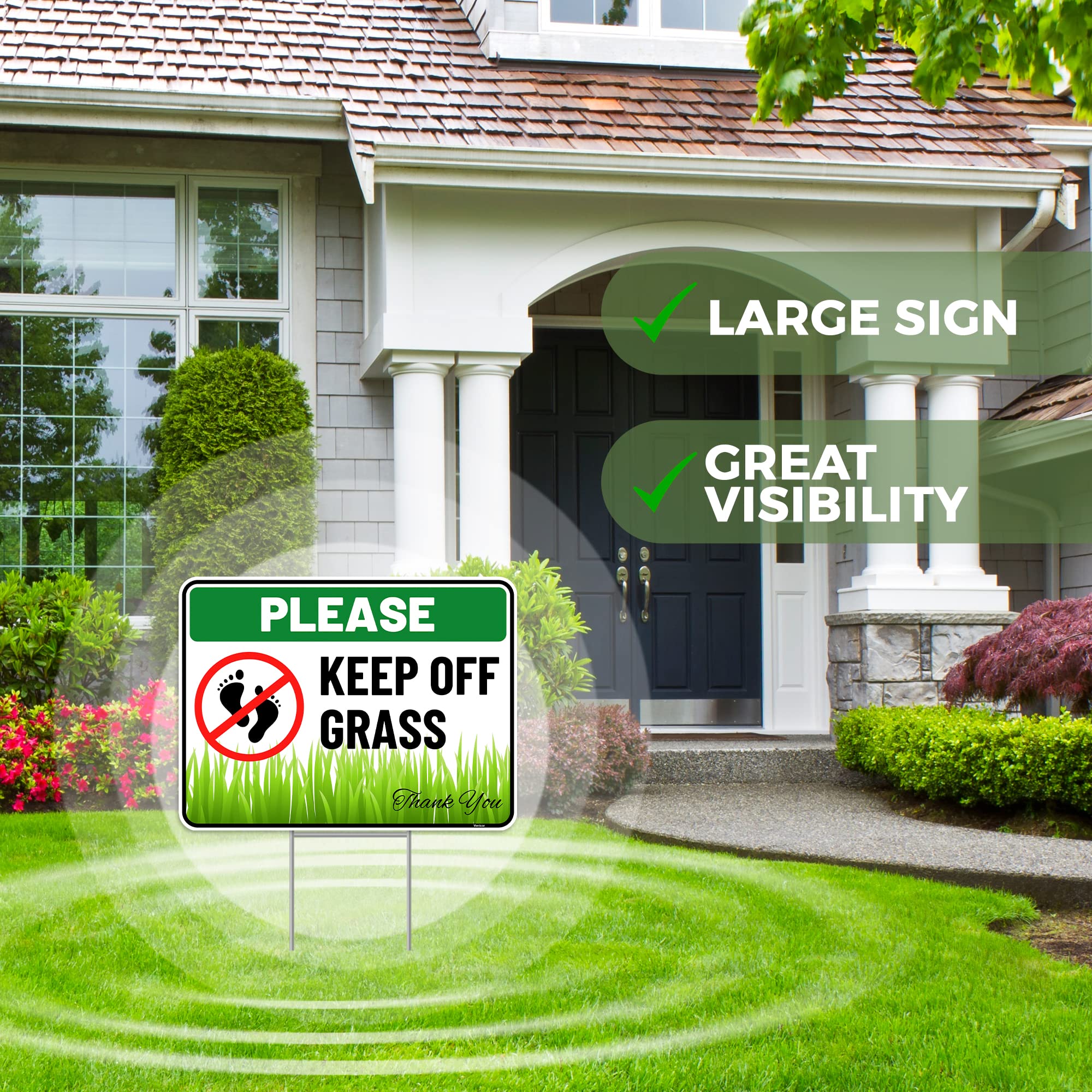 Venicor Keep Off Grass Sign installed on a lush lawn demonstrating visibility