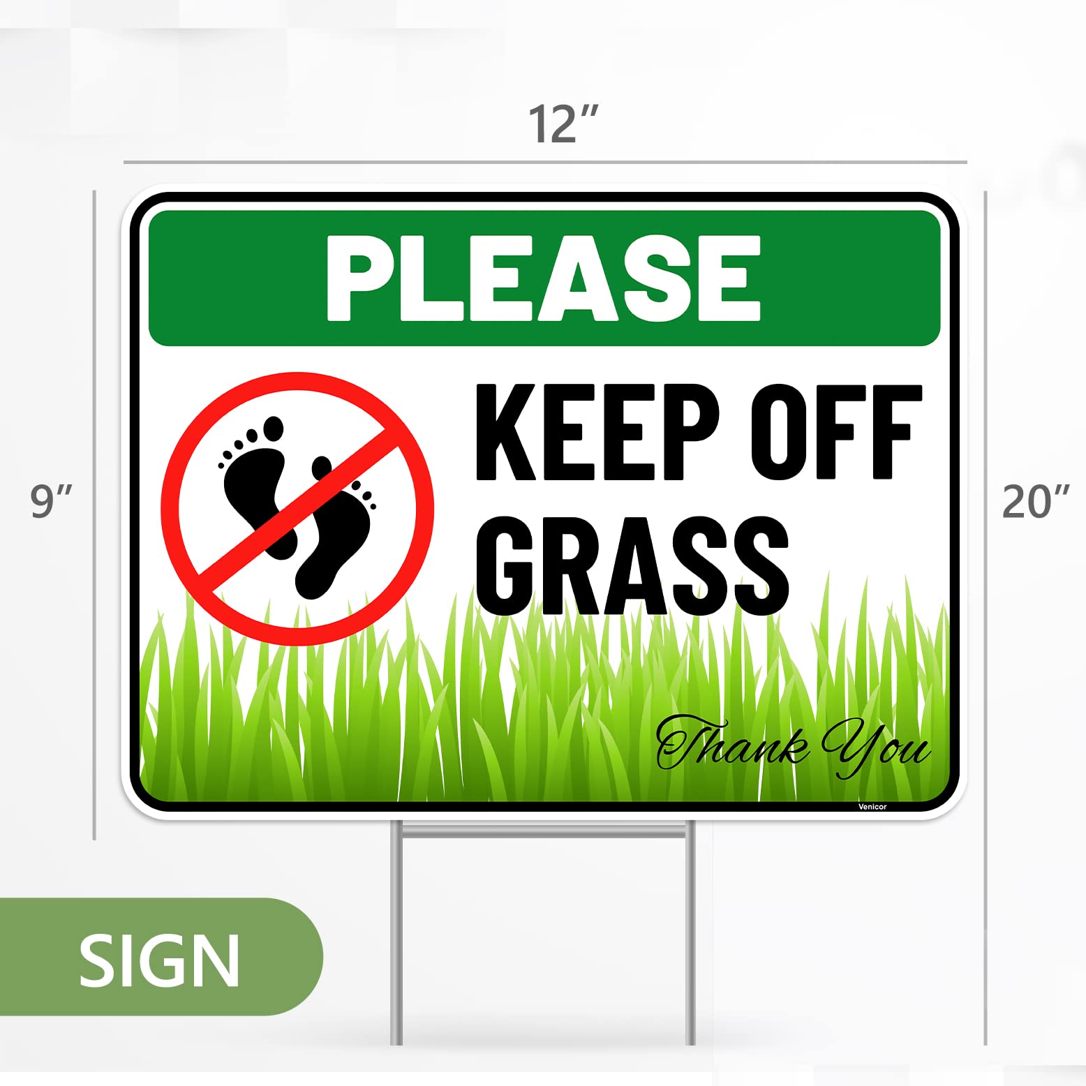 Venicor Keep Off Grass Sign packaging showing two signs and stakes