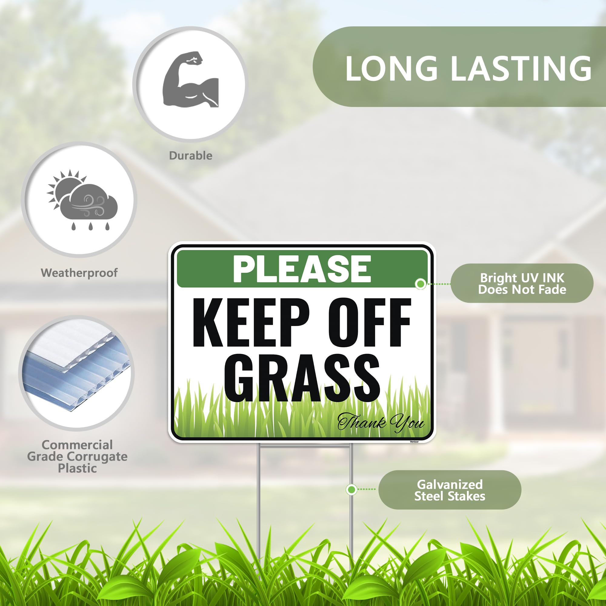 Venicor Keep Off Sign stake assembly demonstrates easy setup for quick placement.