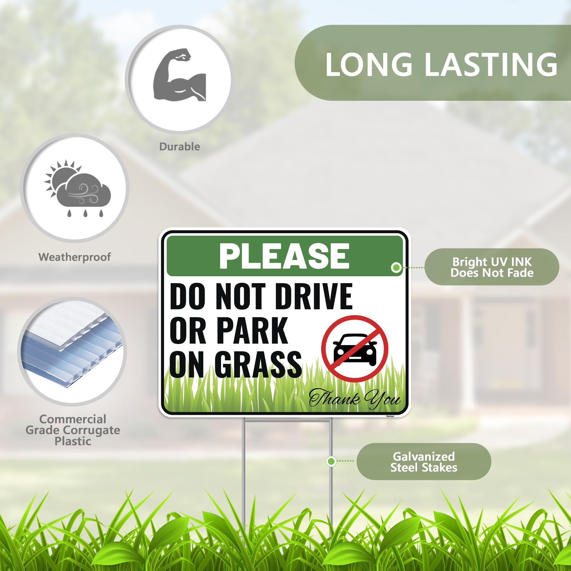Venicor metal ground stake secures the sign for stable outdoor display.