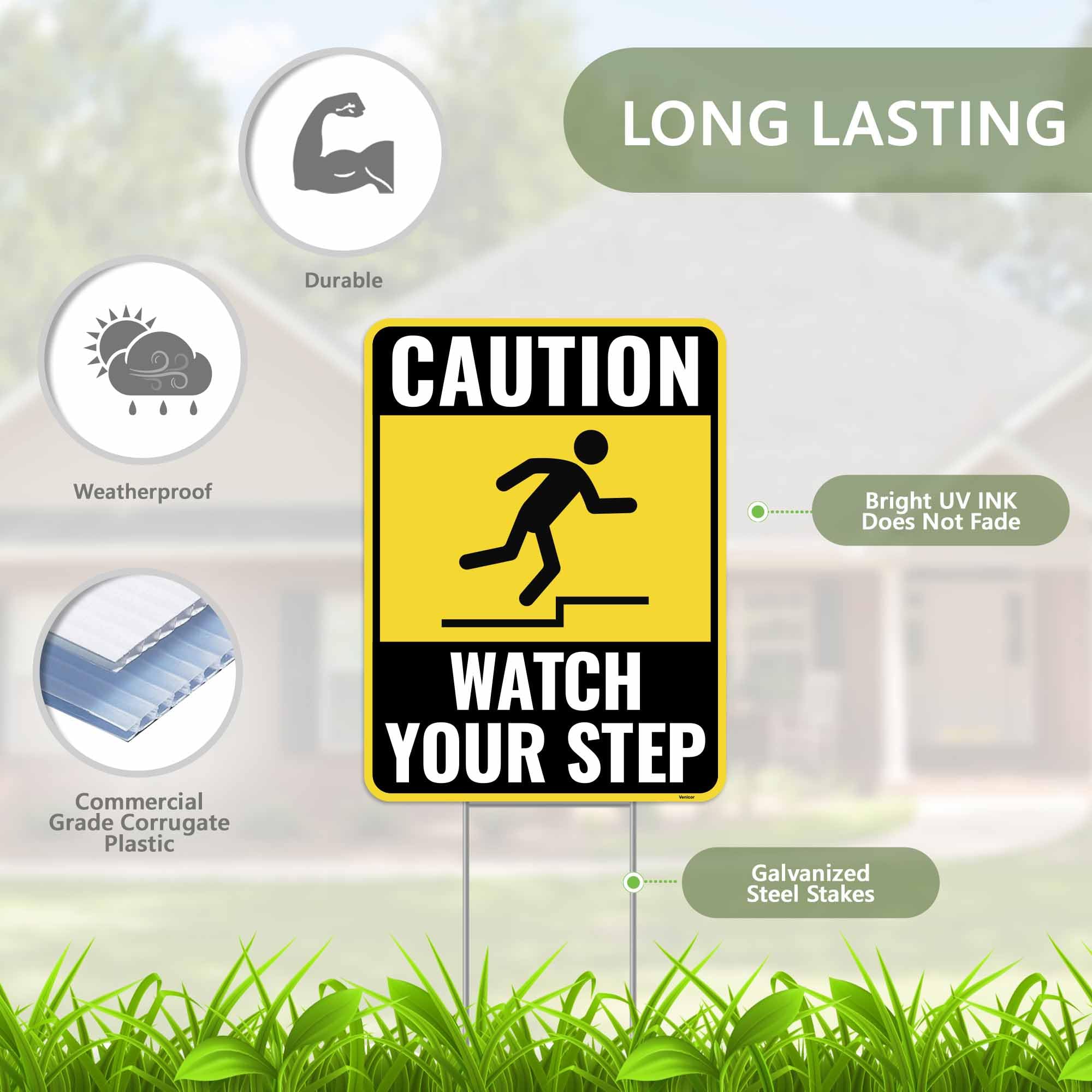 Venicor metal ground stake secures the sign for stable outdoor use.
