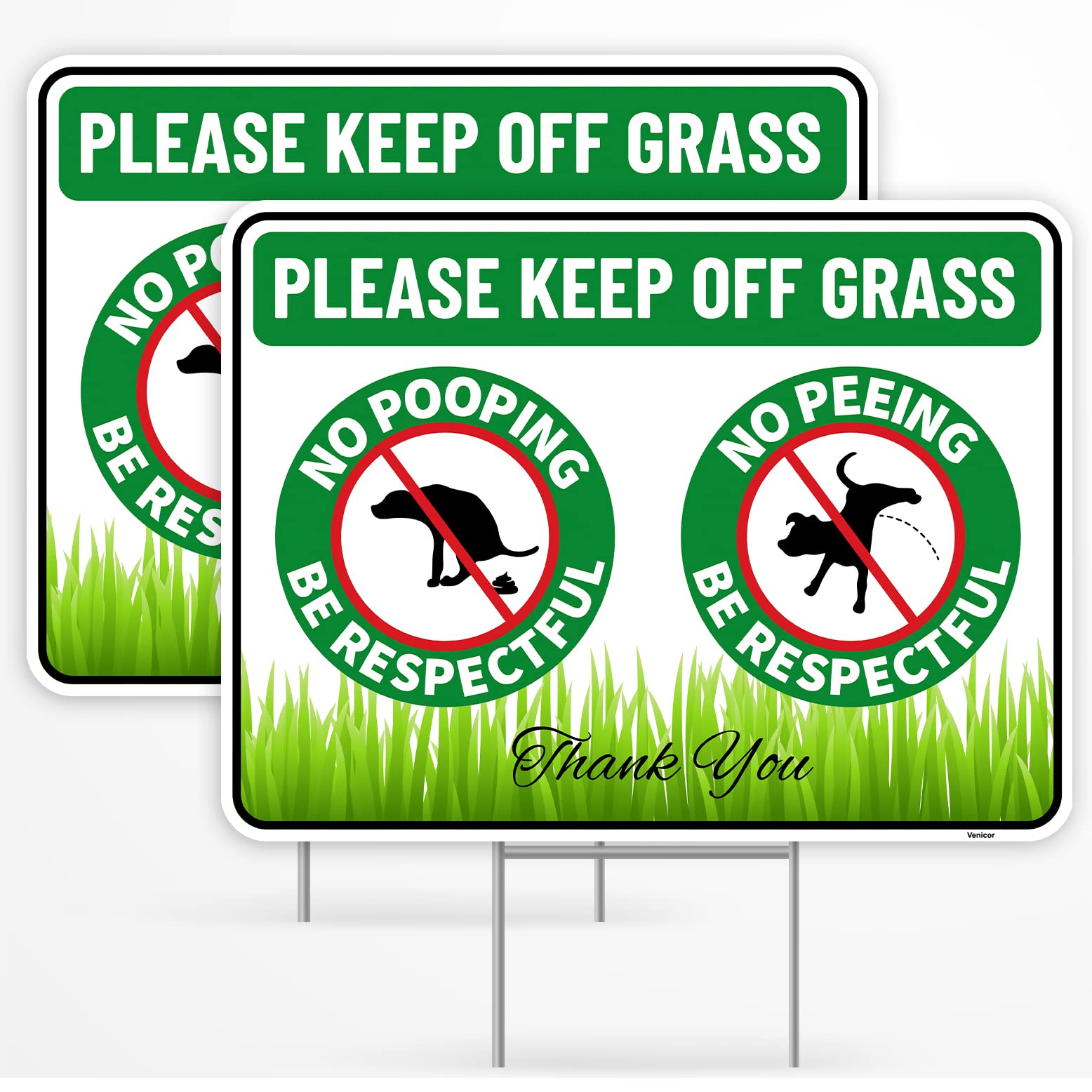 Venicor no-poop-sign-stake-12x9 with bold letters deters dogs from lawn.