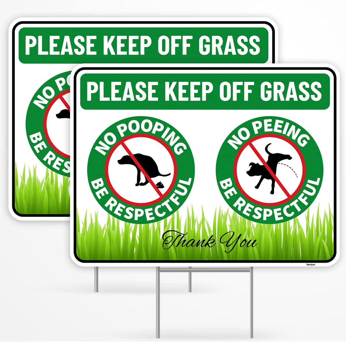 Venicor no-poop-sign-stake-12x9 with bold letters deters dogs from lawn.