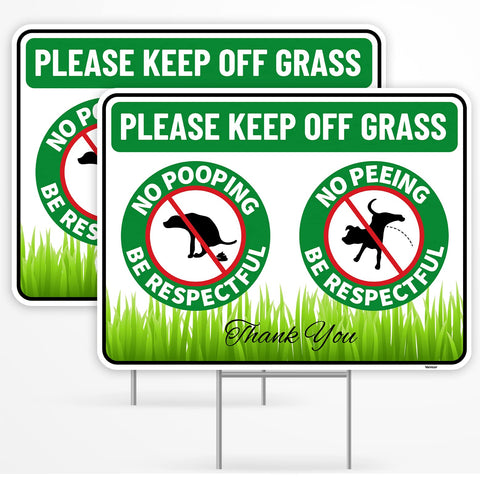 Venicor no-poop-sign-stake-12x9 with bold letters deters dogs from lawn.