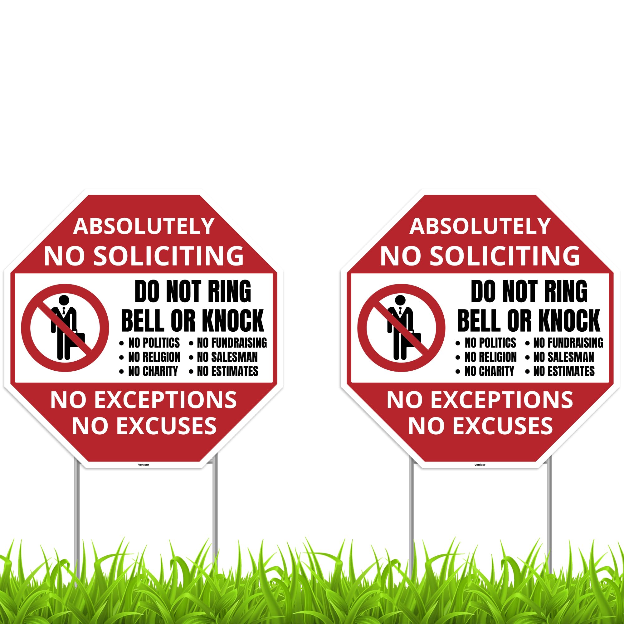 Venicor no soliciting sign in front yard with stake for clear visitor rules