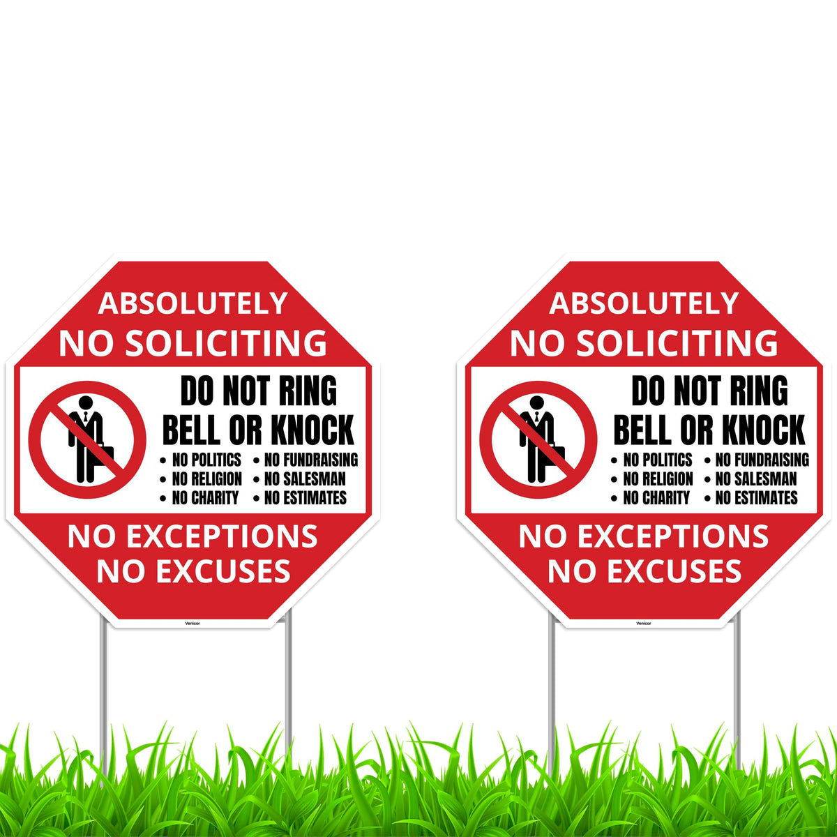 Venicor no soliciting sign in front yard with stake for clear visitor rules