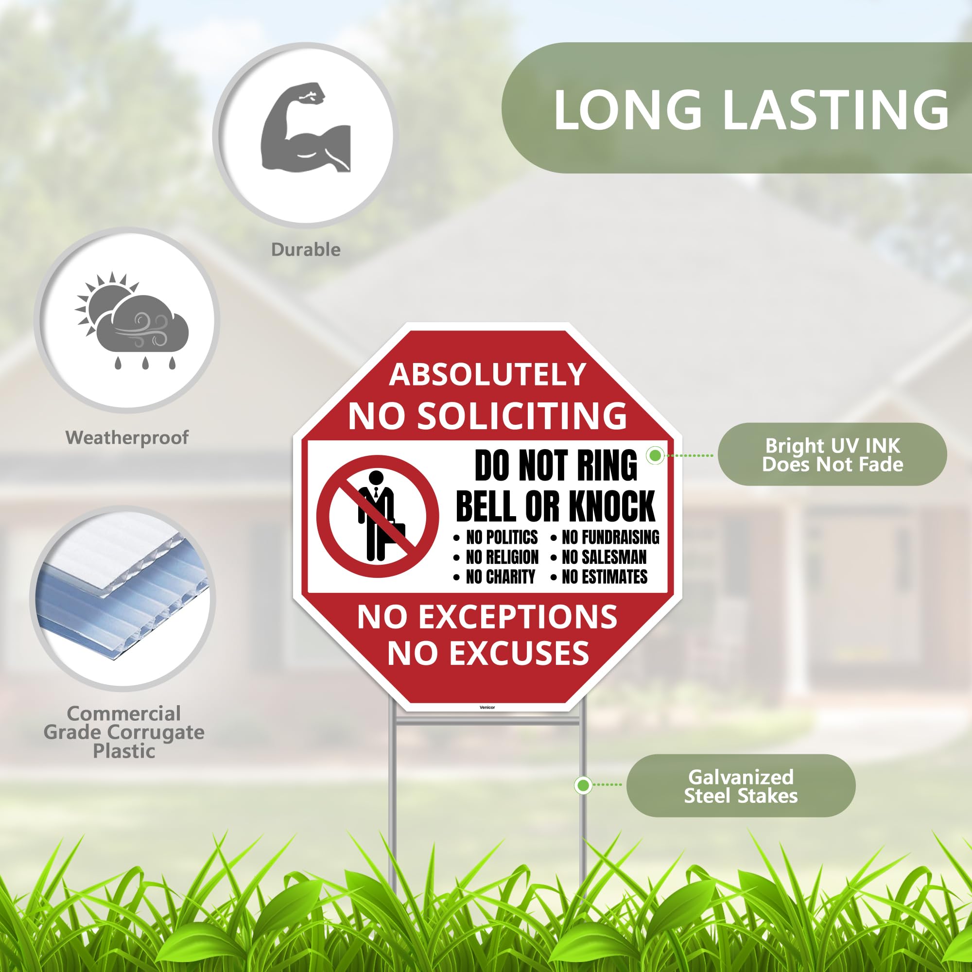 Venicor no soliciting sign on stake highlights privacy and reduces interruptions