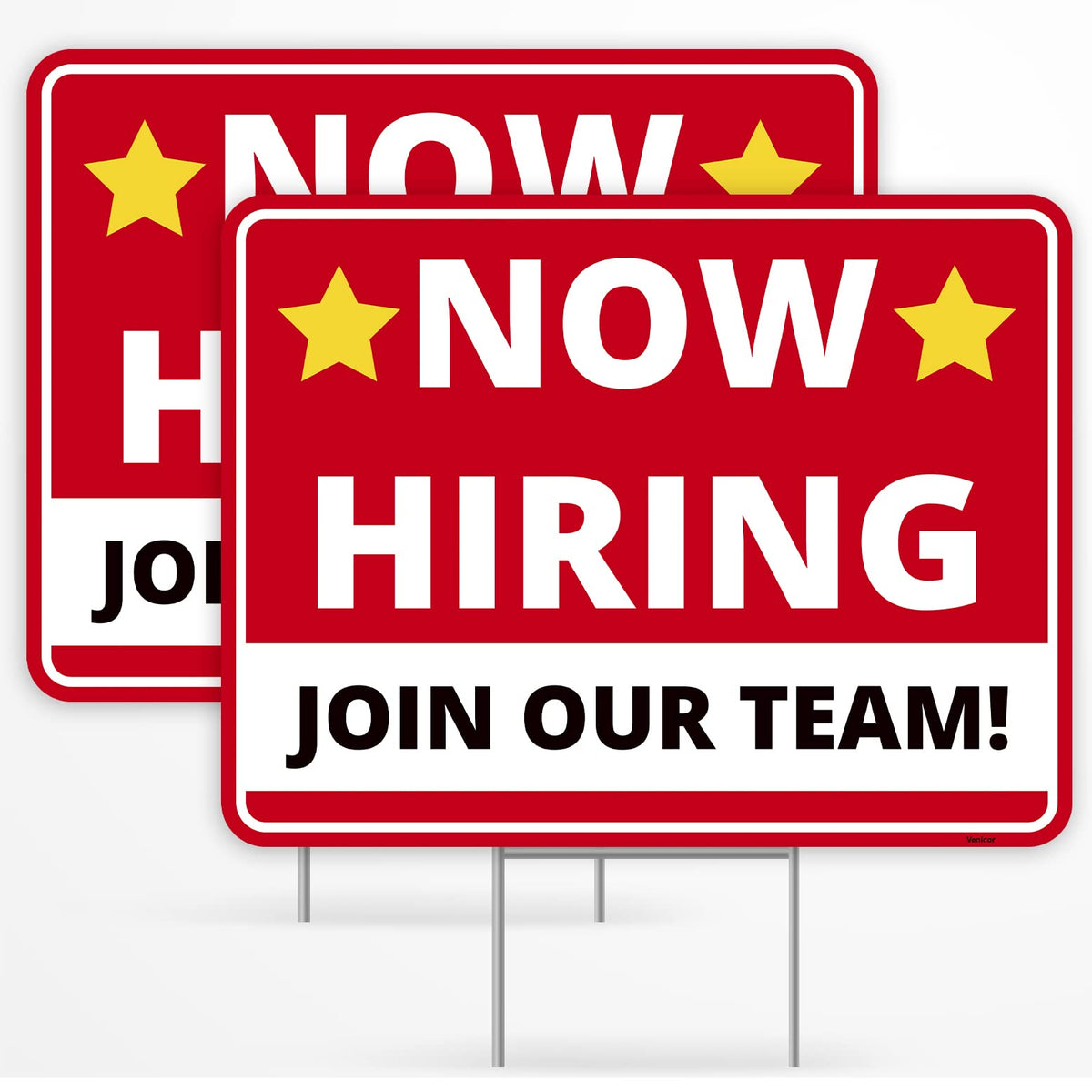 Venicor now hiring sign front view with bold letters for high visibility.