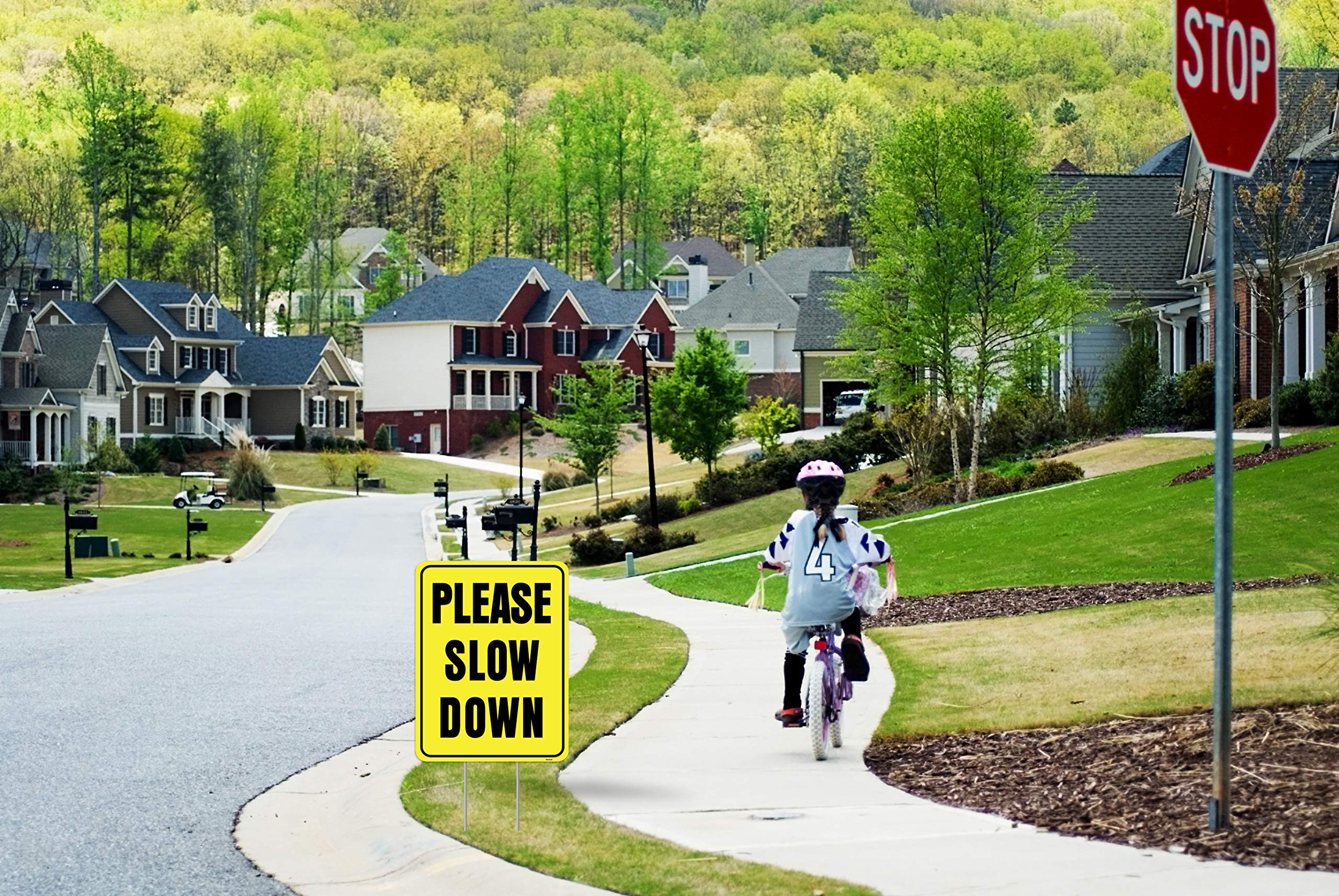 Venicor outdoor yard sign communicates please slow down to drivers.