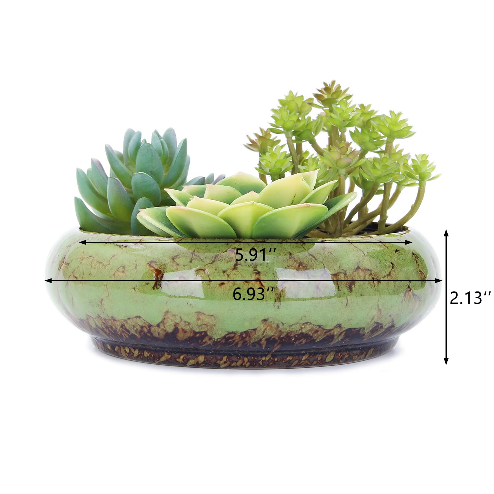 VanEnjoy glazed ceramic round planter in green ideal for bonsai displays