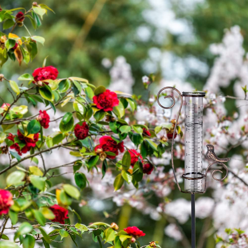 Venniy garden stake rain gauge doubles as yard decoration.