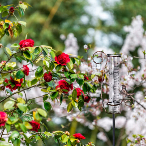 Venniy garden stake rain gauge doubles as yard decoration.