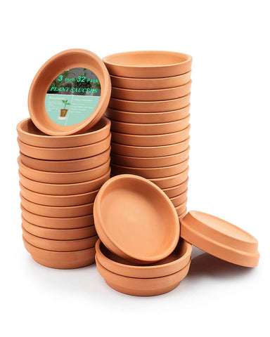 vensovo 3-inch terracotta saucer showing outer diameter 3.2 inches for clean drainage.