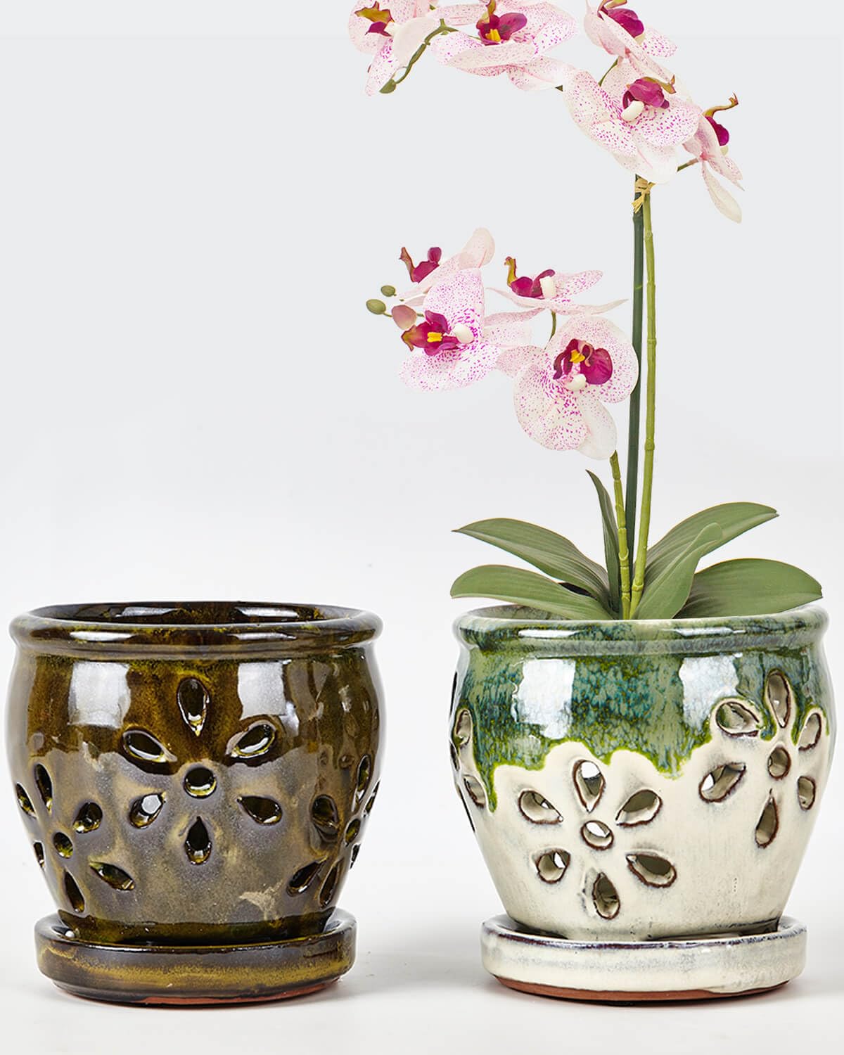 Vensovo 4-inch ceramic orchid pot olive green, front view with durable glaze.