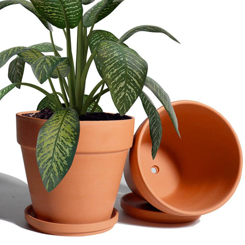 vensovo 8-inch clay pot with saucer on table, breathable terracotta for plant roots