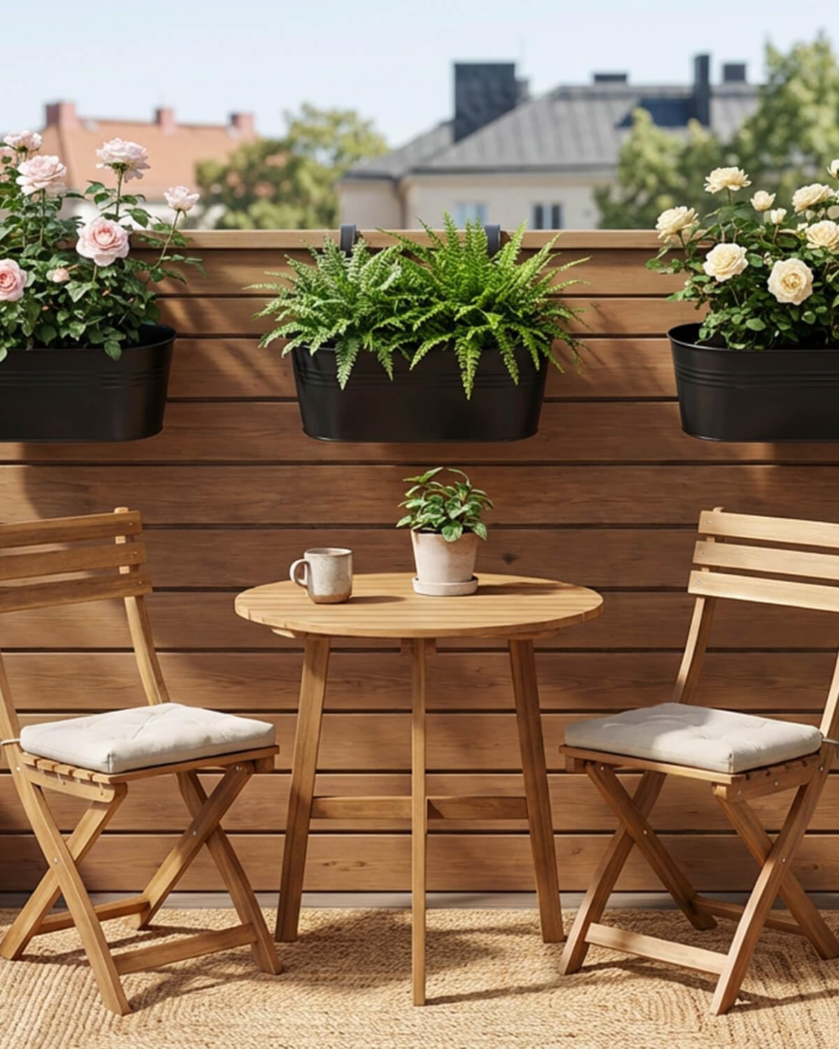 Vensovo black metal finish planter on balcony, decorative and durable.