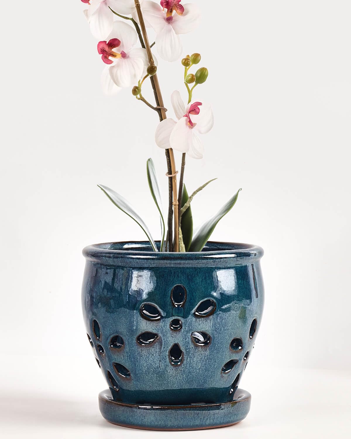 vensovo blue 5-inch ceramic orchid pot with holes and saucer for airflow