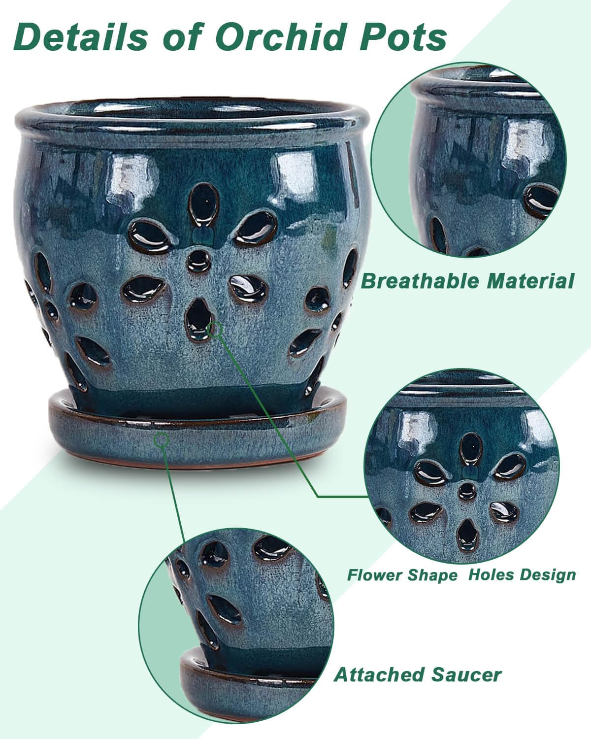vensovo blue ceramic pot with drainage hole and attached saucer