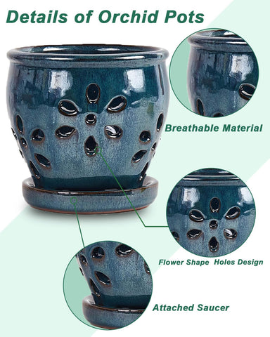 vensovo blue ceramic pot with drainage hole and attached saucer