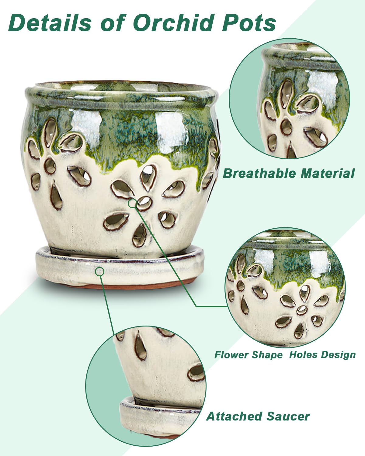 Vensovo ceramic orchid pot with attached saucer for mess-free drainage.
