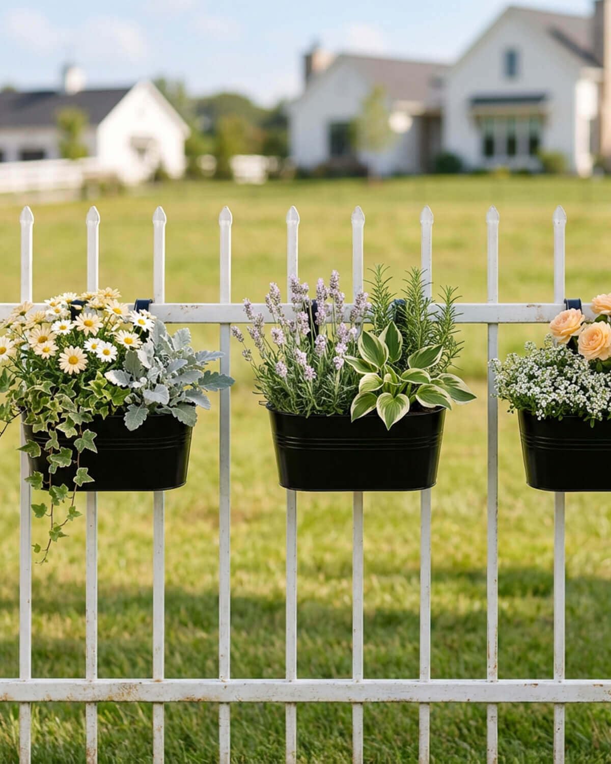 Vensovo hanging planter on balcony railing demonstrates space-saving design.