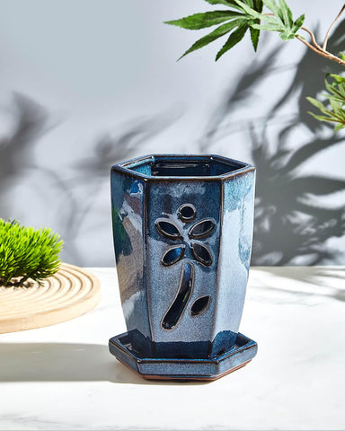 vensovo blue ceramic pot with holes aids air flow around roots.