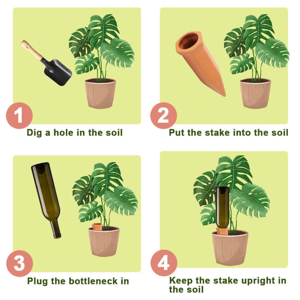 vensovo terracotta self watering spikes in garden highlight hands-off irrigation