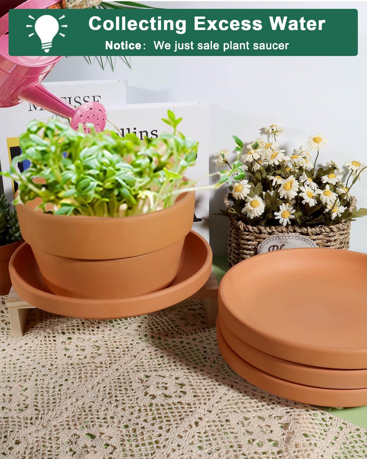 Vensovo terracotta saucer with outer/inner diameter details for precise fit.