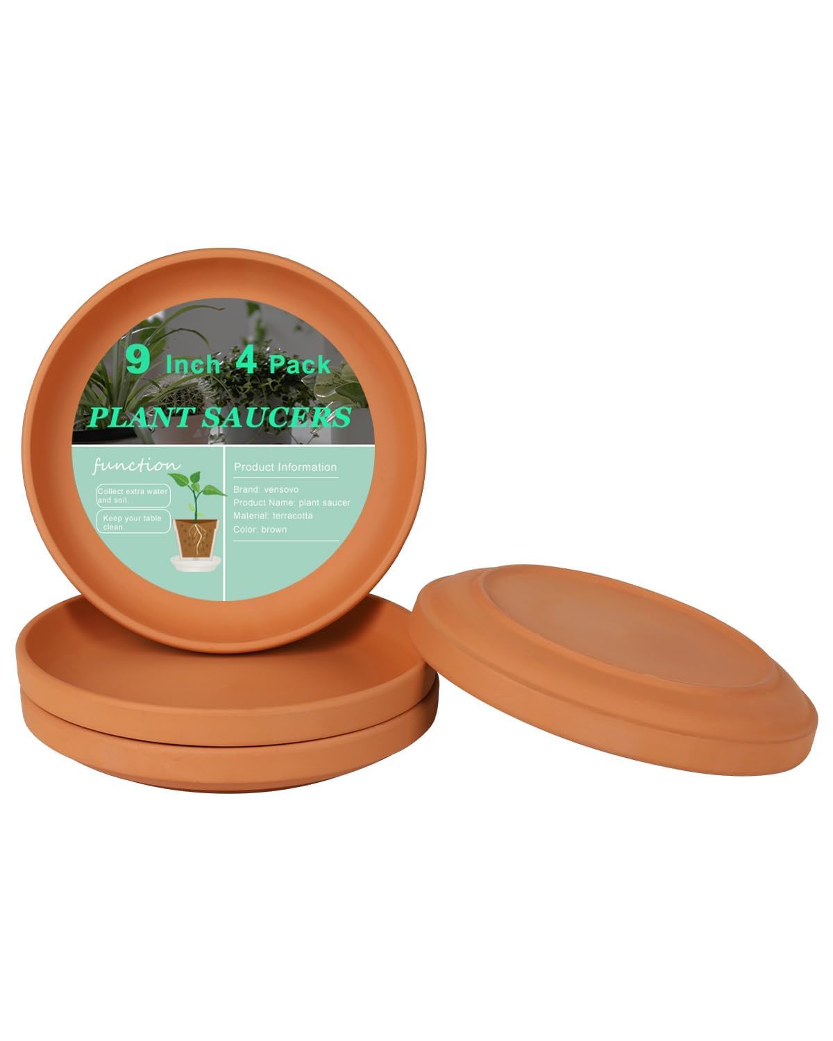 Vensovo terracotta saucer four-pack for large pots protects surfaces.