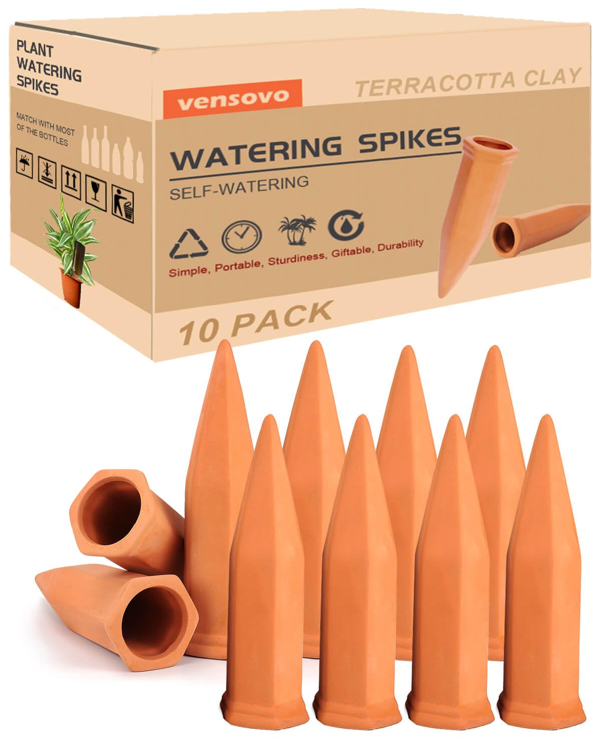 Vensovo terracotta watering spikes set for automatic plant hydration during vacations.