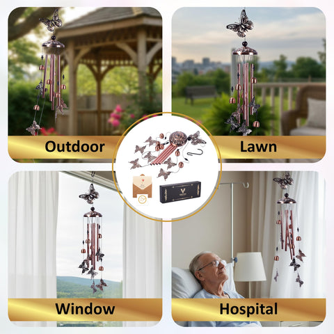 Garden setting shows Ventyxa wind chimes installed for calming sounds.