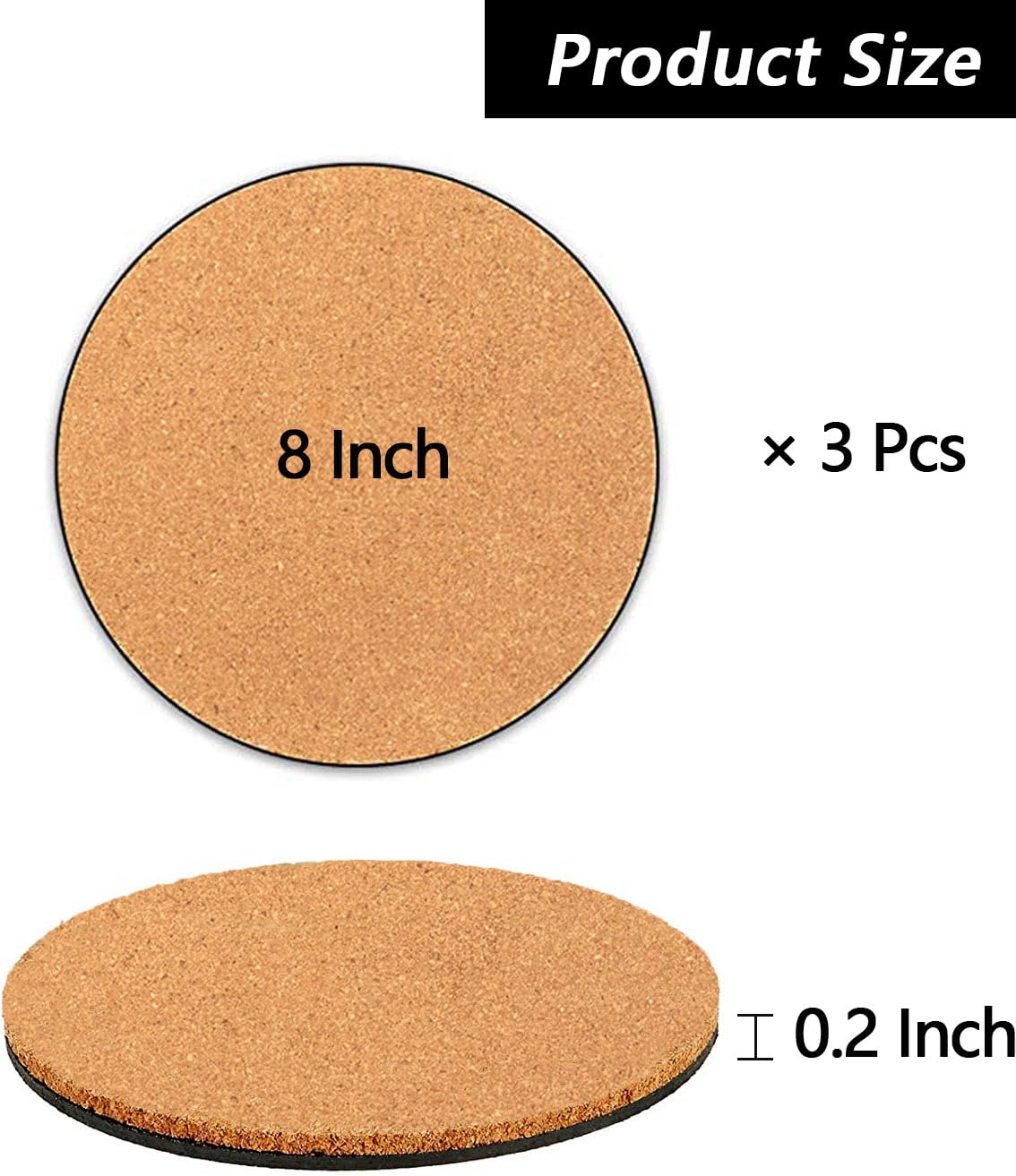 Venyat cork plant coasters on surface demonstrate the 8-inch round size and stability.