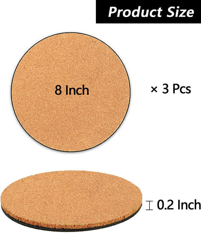 Venyat cork plant coasters on surface demonstrate the 8-inch round size and stability.