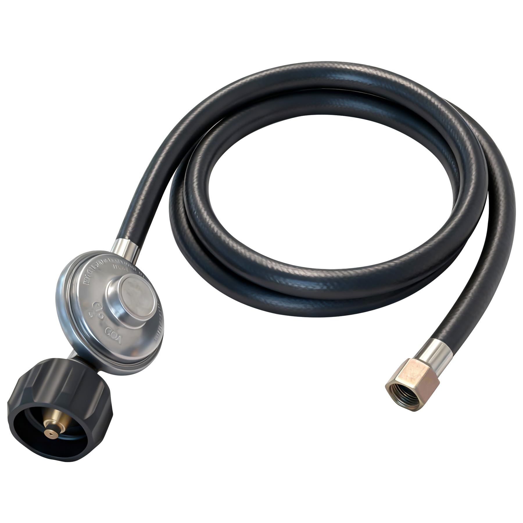 Veralune propane regulator with 5 ft hose connected to grill for flexible placement.