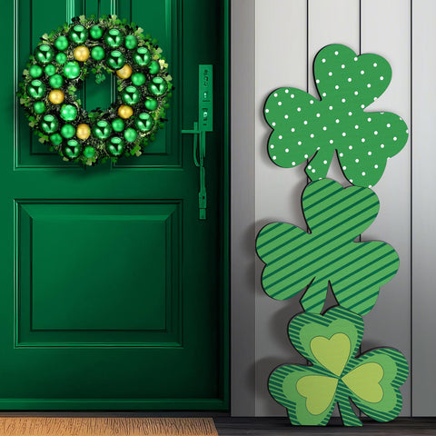 Vercraft 35-inch shamrock porch sign in spring green welcomes guests outdoors with festive charm.
