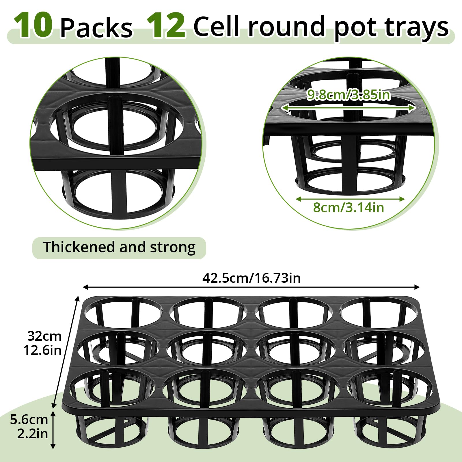 Vercraft round 4-inch pot trays designed for easy arrangement of seedling pots.
