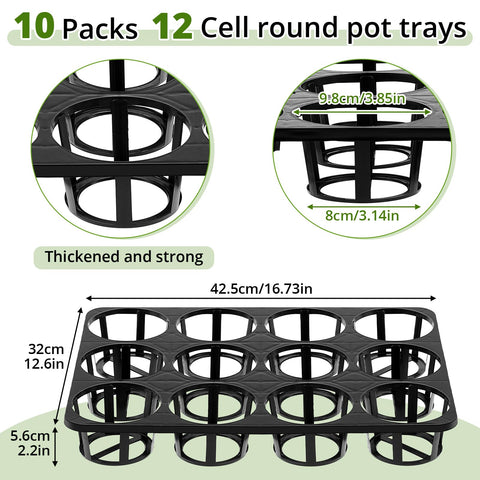 Vercraft round 4-inch pot trays designed for easy arrangement of seedling pots.